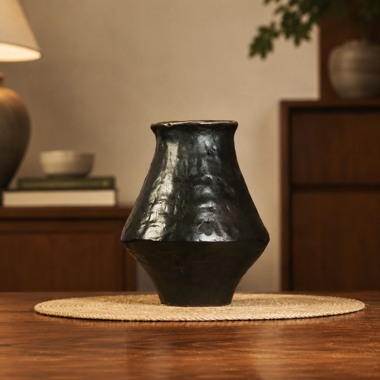 Black rustic ceramic flower vase displayed empty on a wooden table
