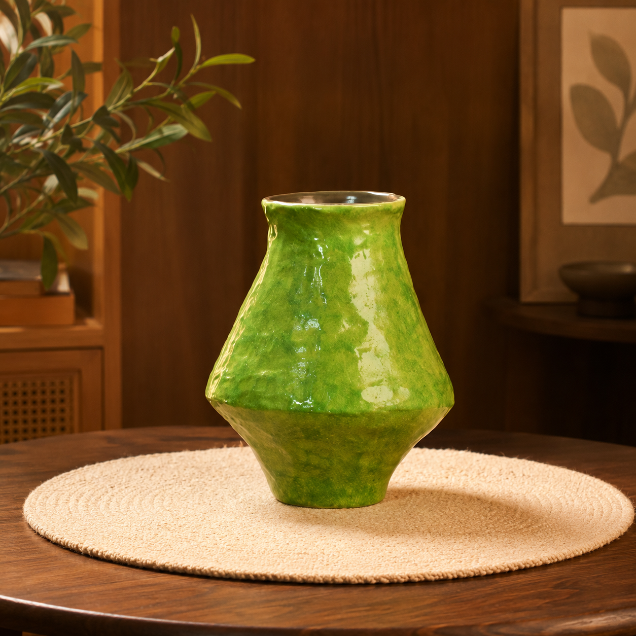 Green rustic ceramic flower vase displayed empty on a woven placemat