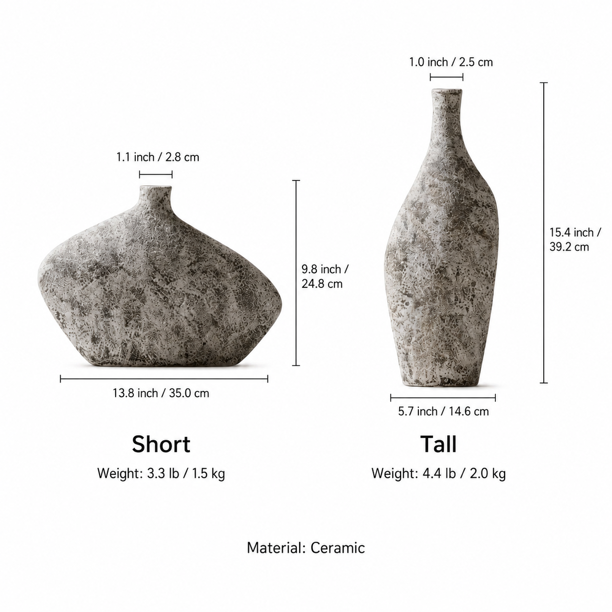 Size guide for short and tall rustic gray ceramic vases