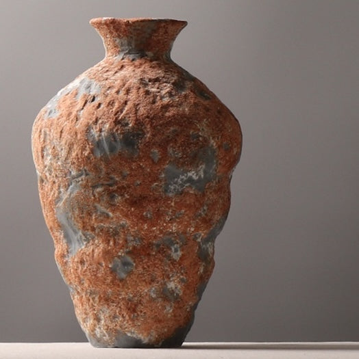 Tall rustic orange gray textured ceramic decorative vase
