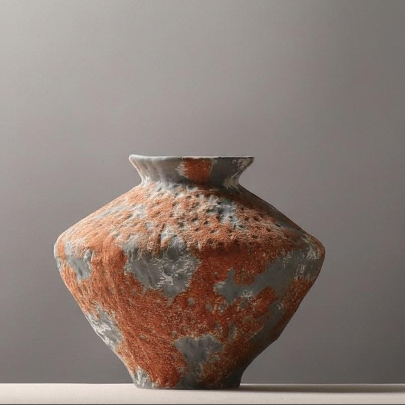 Short rustic orange gray textured ceramic decorative vase