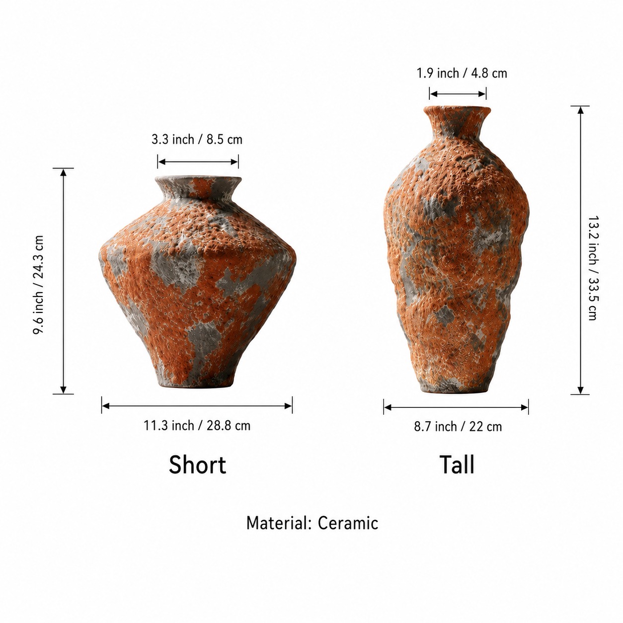 Measurement guide for short and tall orange textured ceramic vases