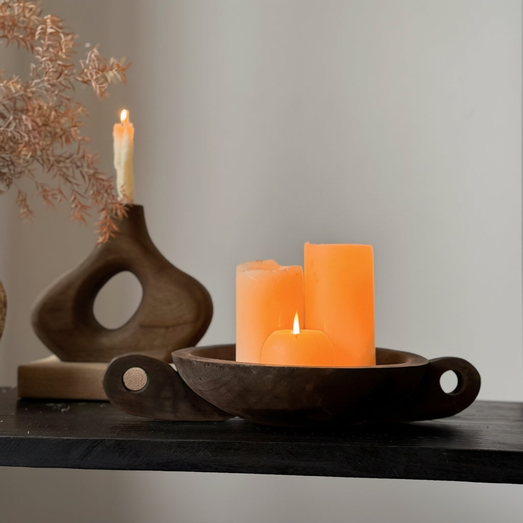 Dark Wooden Round Decorative Bowl Centerpiece
