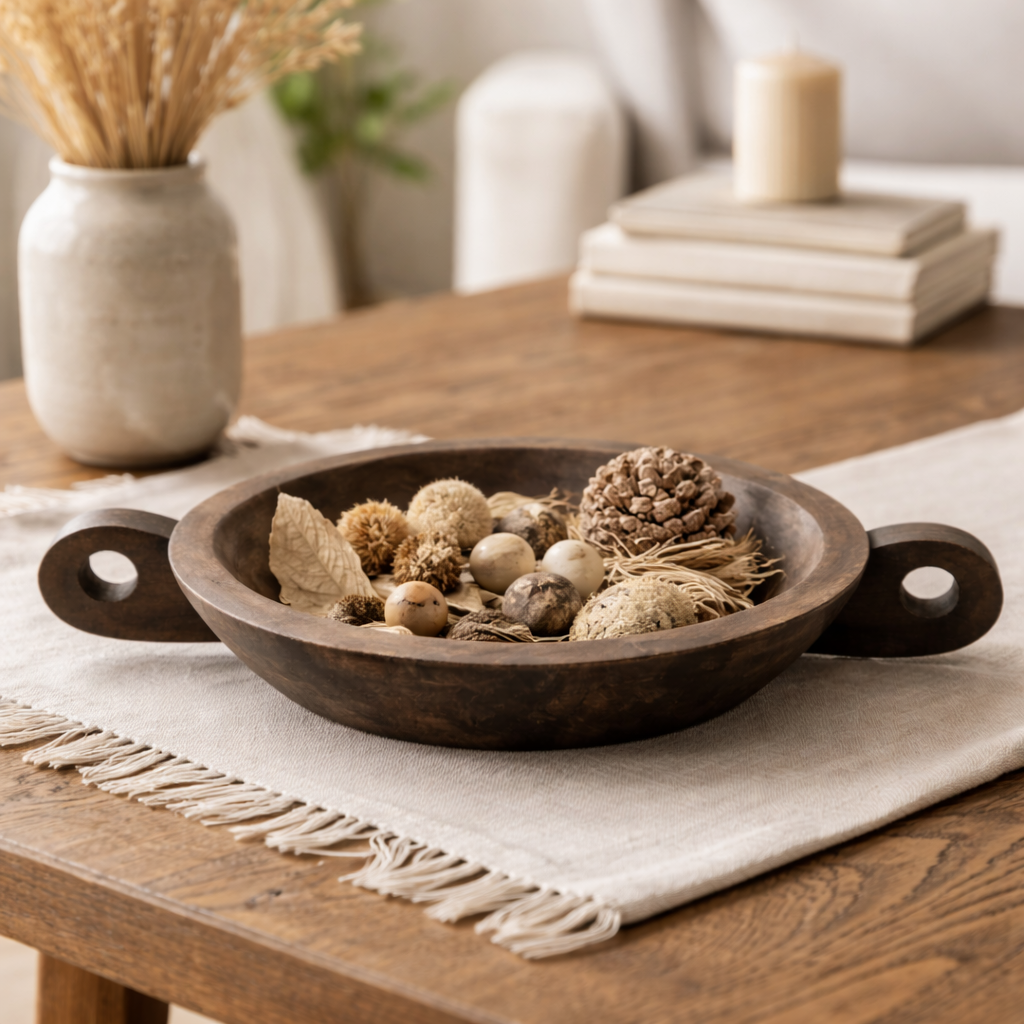 Rustic Solid Wood Decorative Bowl with Handles