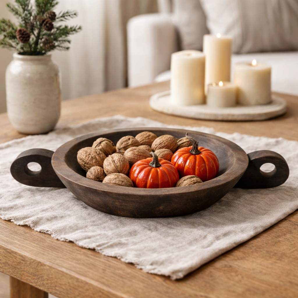 Rustic Solid Wood Decorative Bowl with Handles