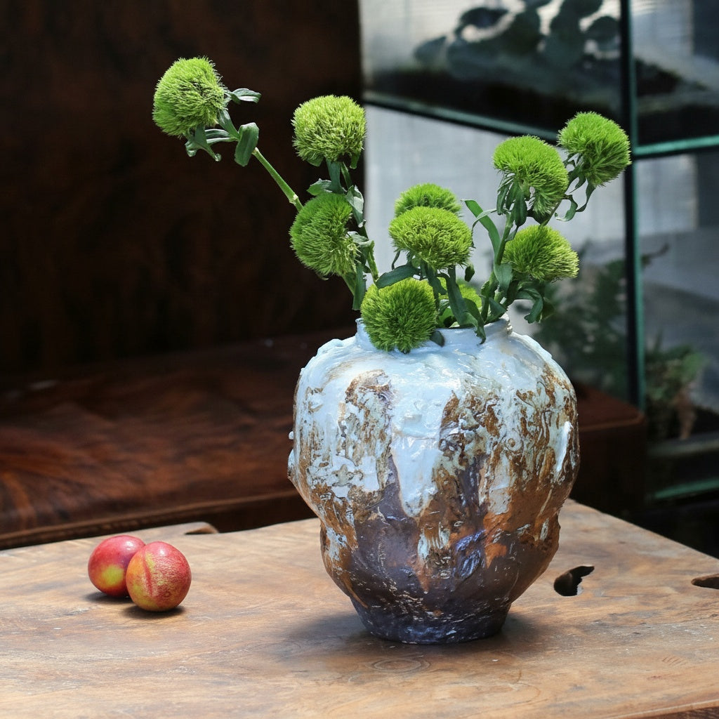 Rustic textured ceramic vase with green floral stems styled on a wooden table for modern organic home decor