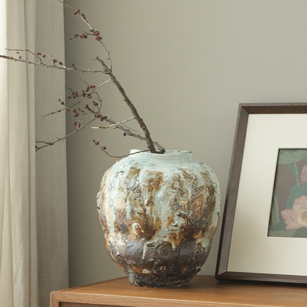 Rustic hand-applied glazed ceramic vase with decorative branches on a console table for warm interior styling