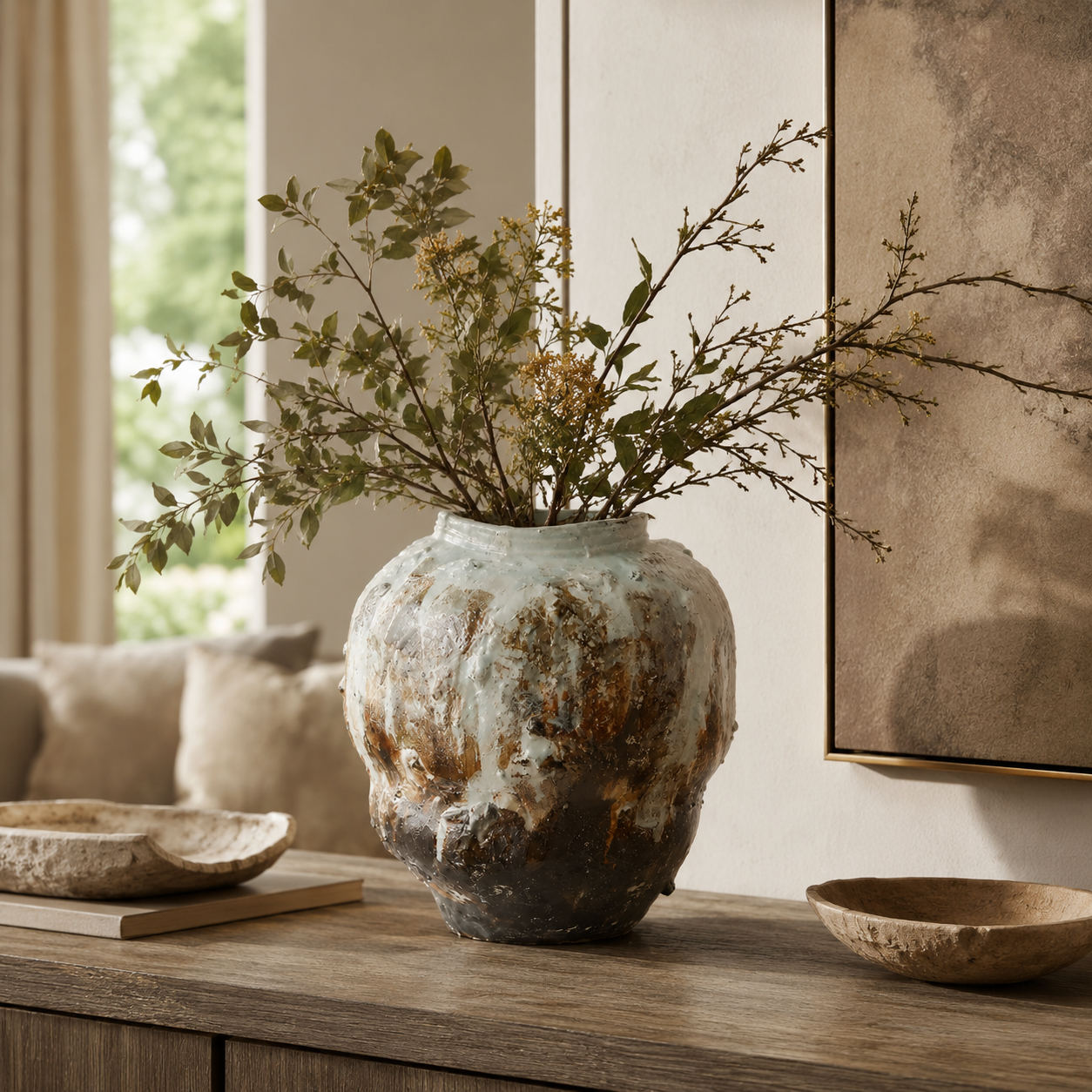 Large textured ceramic vase with natural branches styled in a modern rustic living room