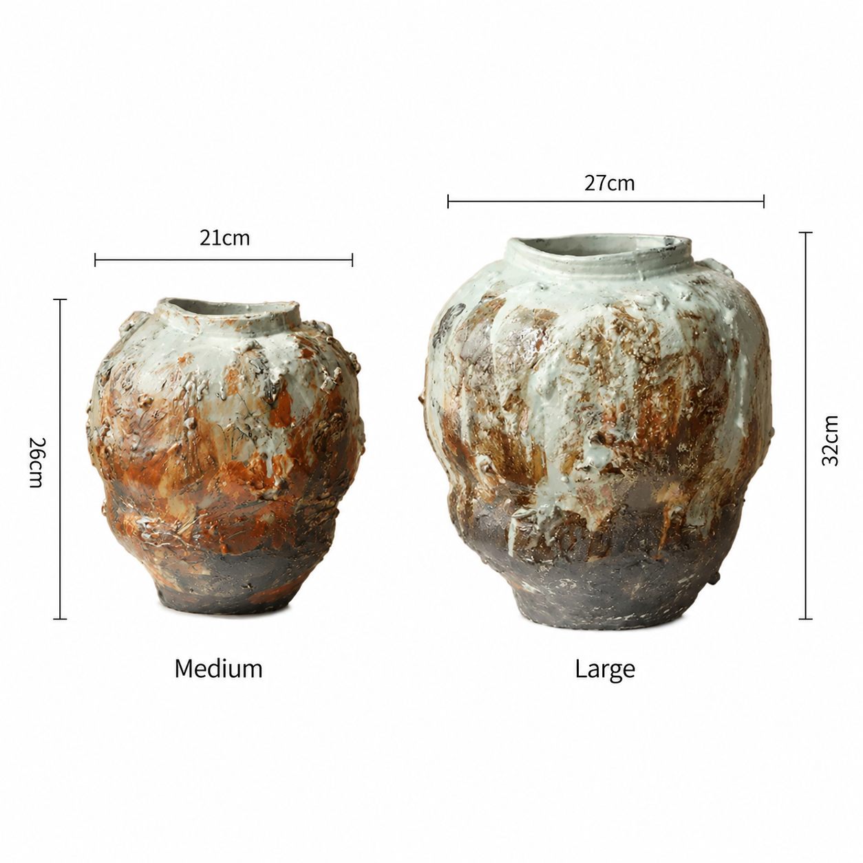 Medium and large rustic ceramic vase size comparison with hand-applied cream brown charcoal glaze
