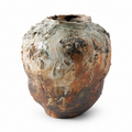 Large rustic textured ceramic vase with cream brown and charcoal hand-applied glaze on white background