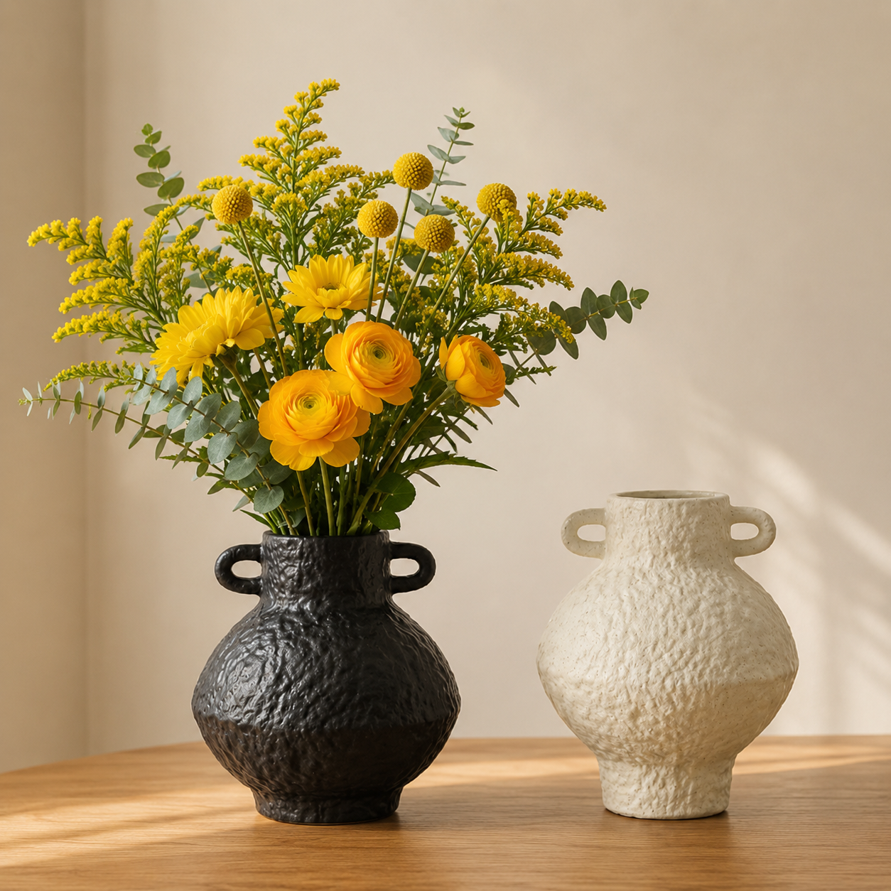 Black ceramic vase with yellow floral arrangement beside an ivory textured vase on a wooden tabletop