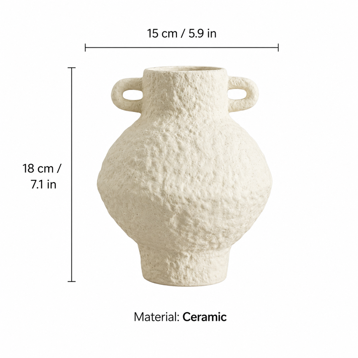 Rustic textured ceramic vase with handles size chart showing measurements in inches and centimeters