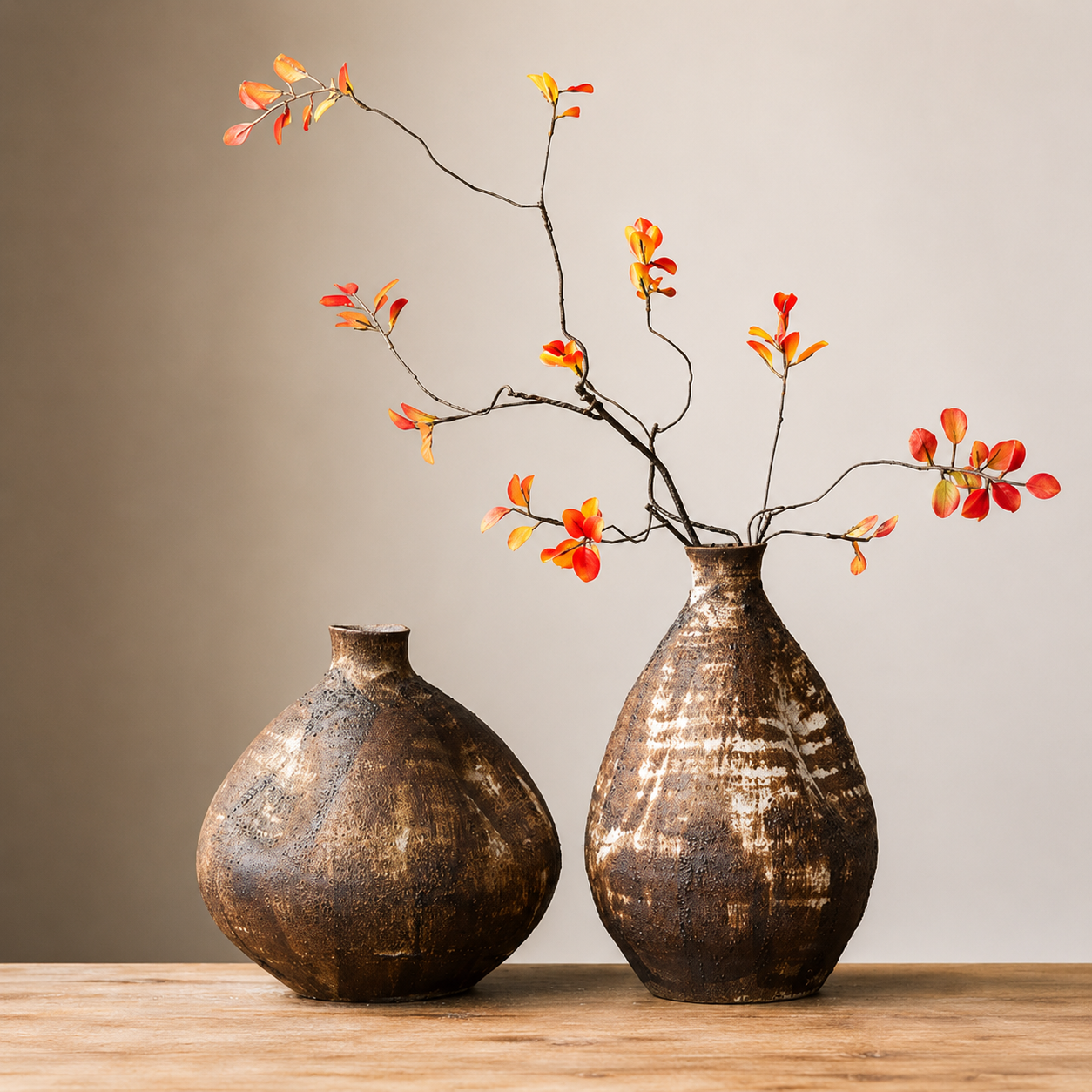 Short and medium rustic brown ceramic vases styled with orange autumn branches