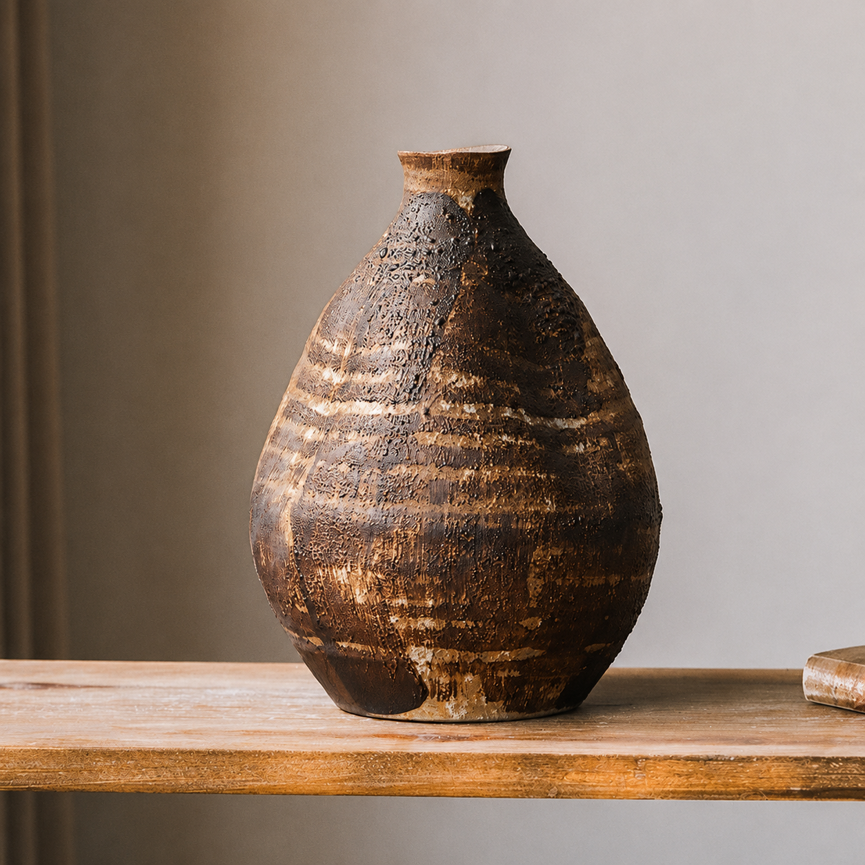 Medium rustic brown textured ceramic vase on a wooden shelf