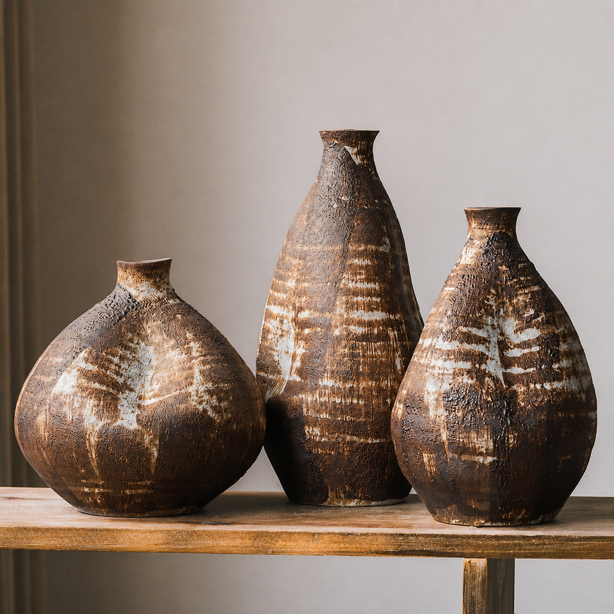 Three rustic wabi sabi brown ceramic vases displayed together