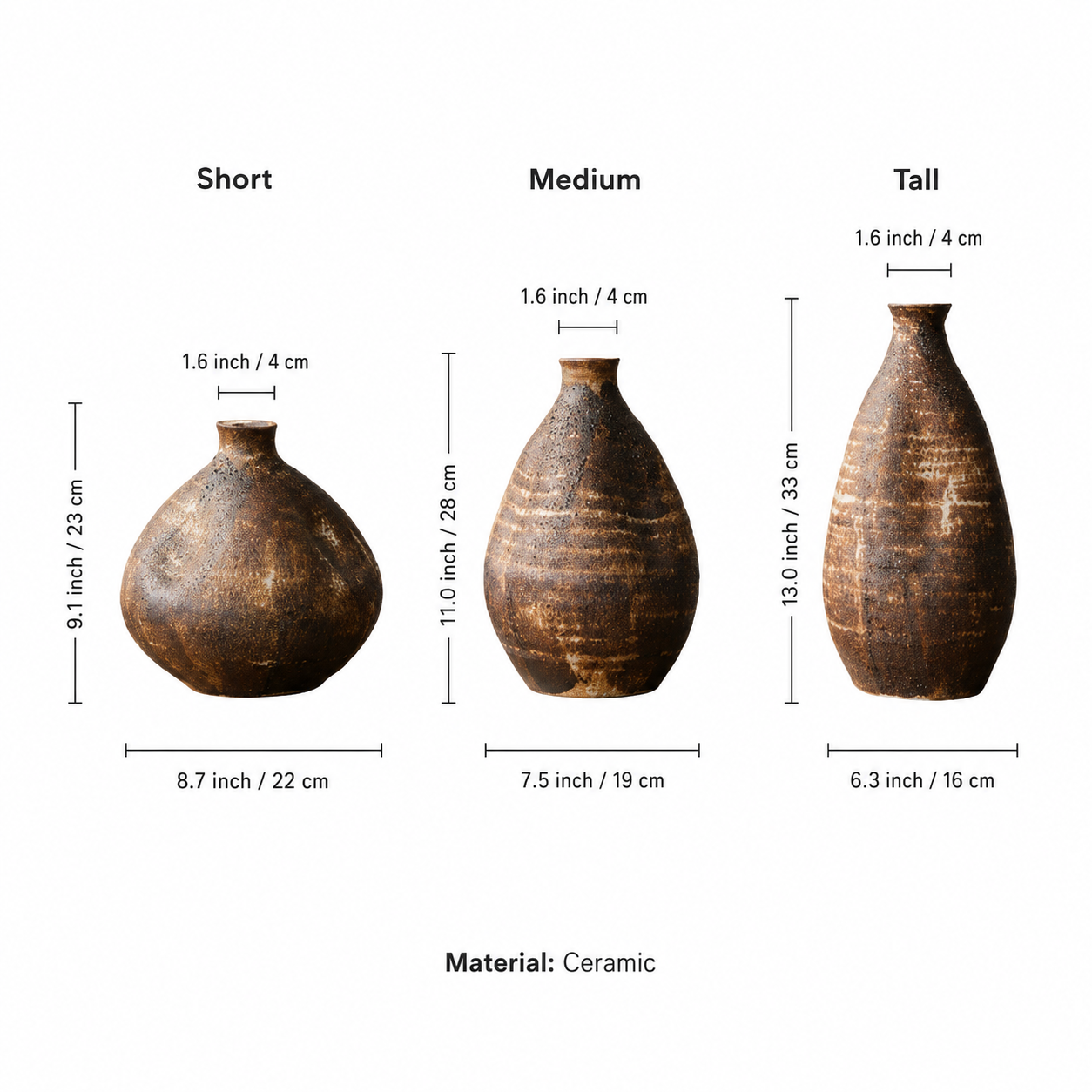 Size guide for short medium and tall rustic brown ceramic vases