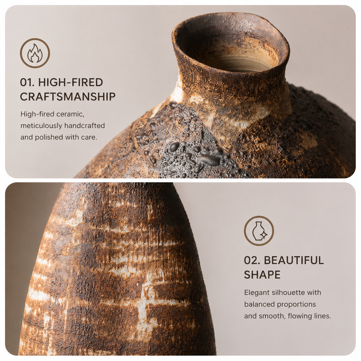 Close up of the high fired textured finish and organic shape of the brown ceramic vase