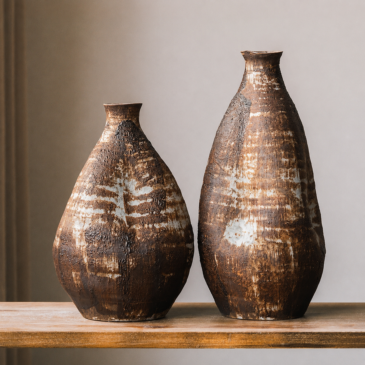 Medium and tall rustic brown textured ceramic vases displayed together