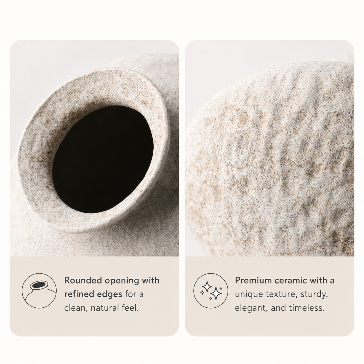 Close up detail of textured ceramic vase opening and rough stone-like surface