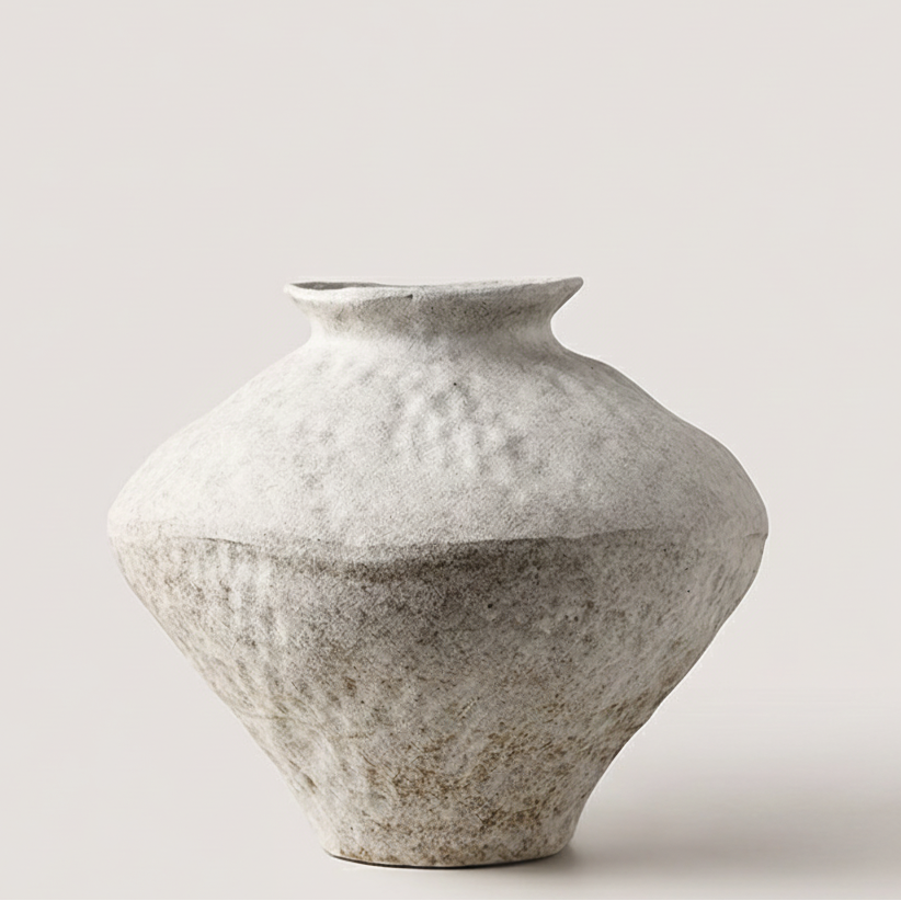 Large rustic Wabi Sabi ceramic vase with rounded shape and stone-like textured finish
