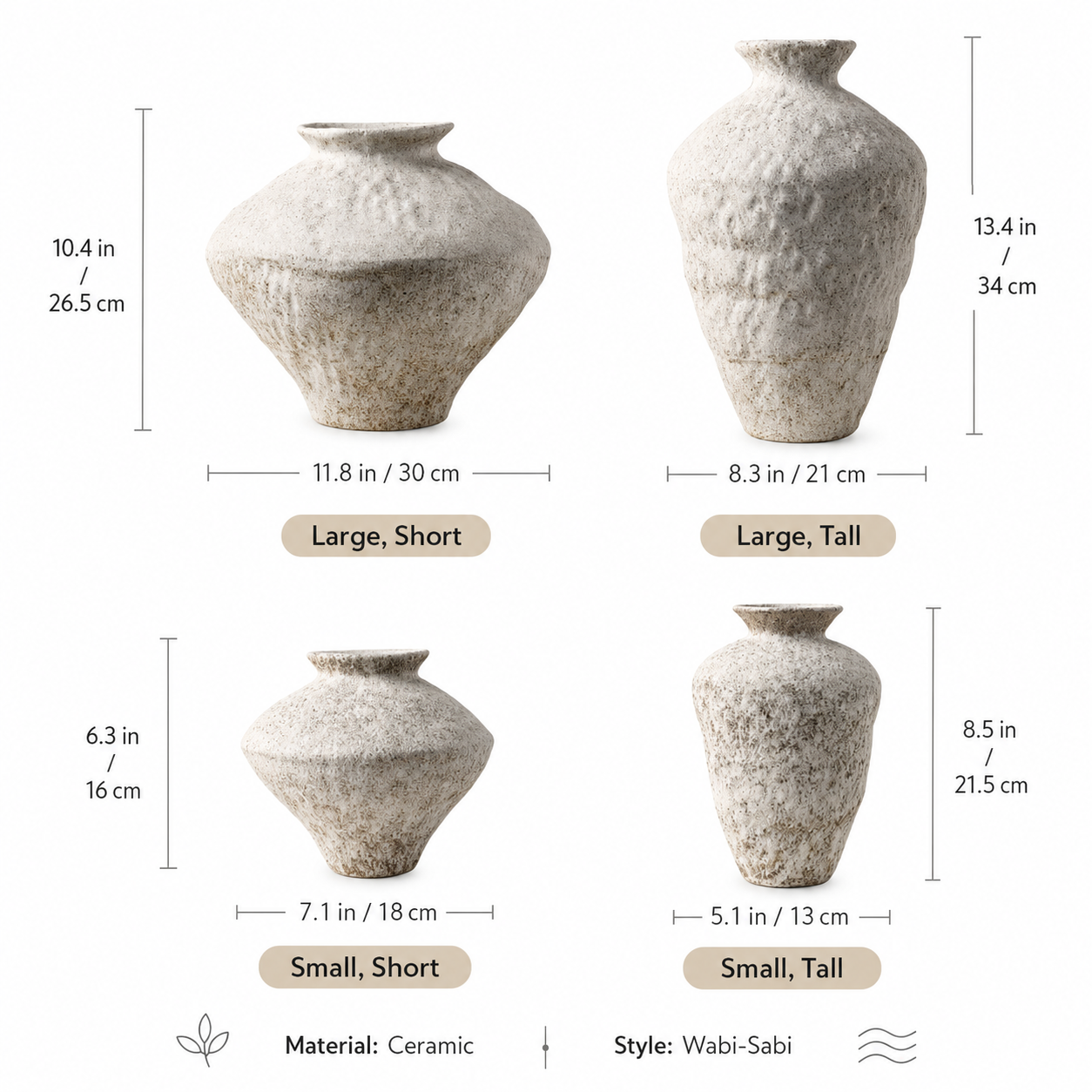 Rustic Wabi Sabi ceramic vase size chart with measurements in inches and centimeters