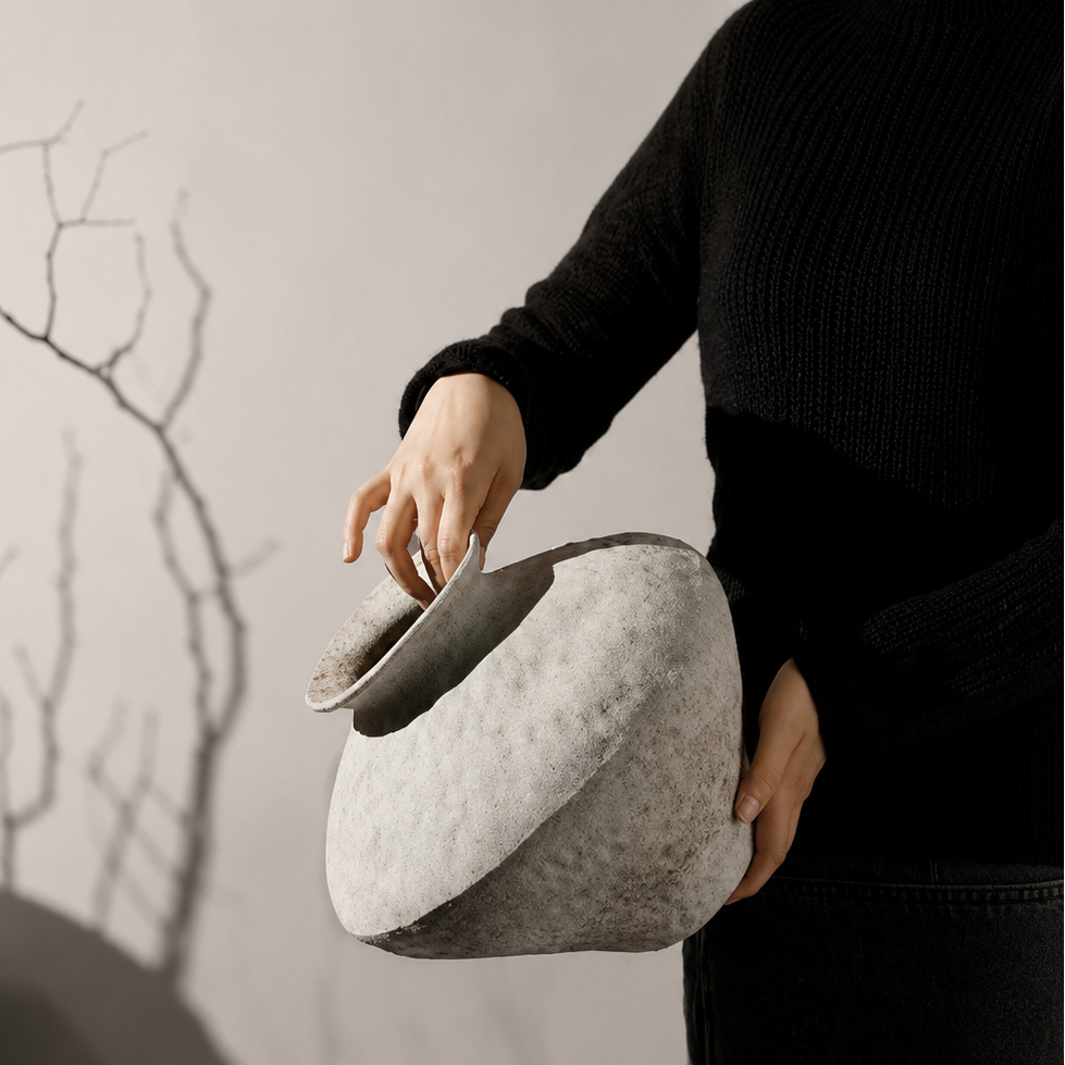 Person holding a large textured ceramic Wabi Sabi vase showing scale and handcrafted look