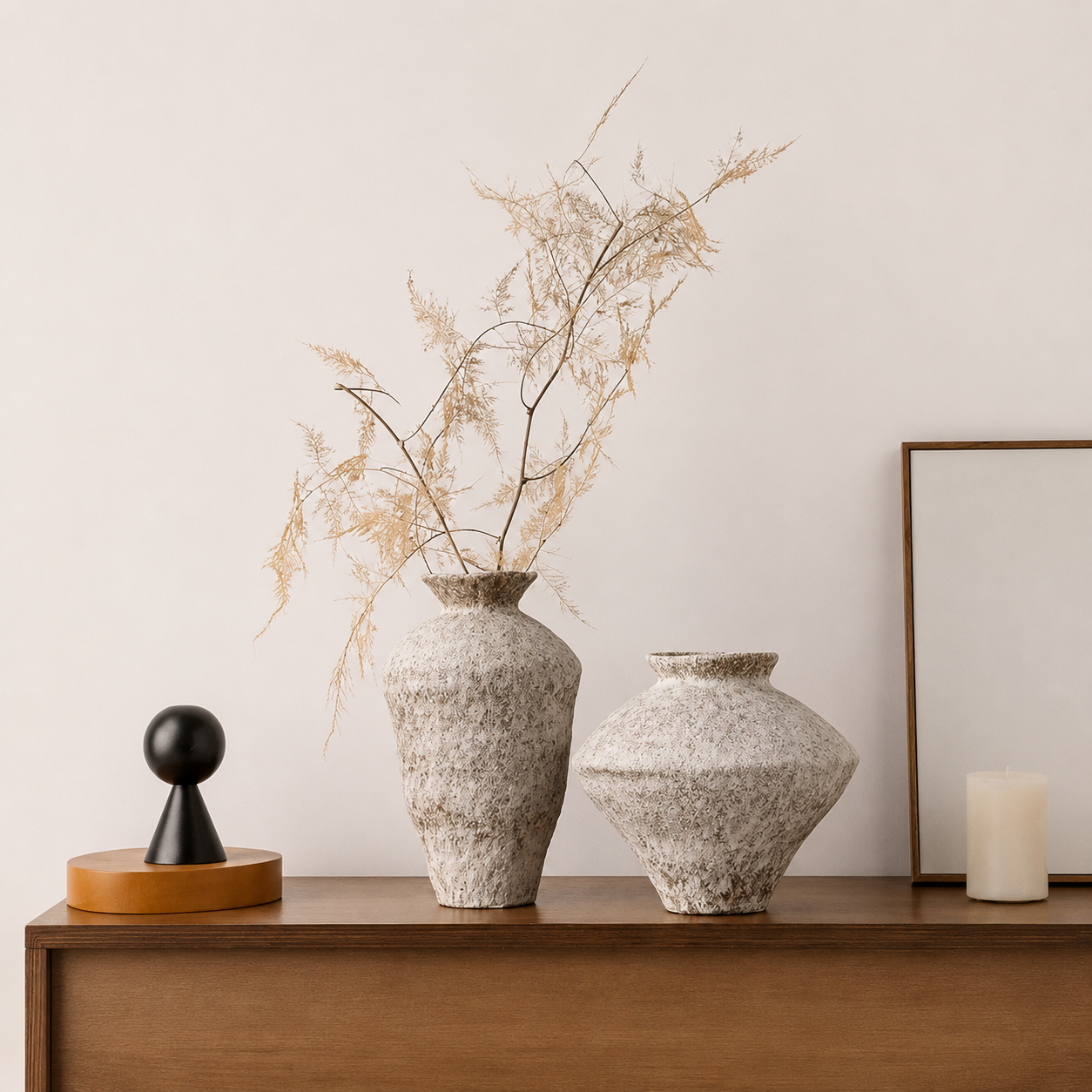 Rustic Wabi Sabi textured ceramic vases styled on a wooden console with dried branches and minimalist decor