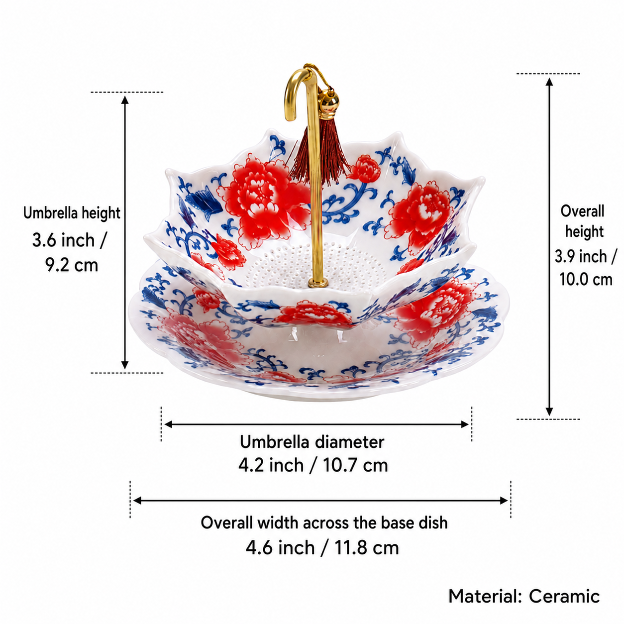 Dimension guide for scalloped ceramic tea strainer with matching drip tray