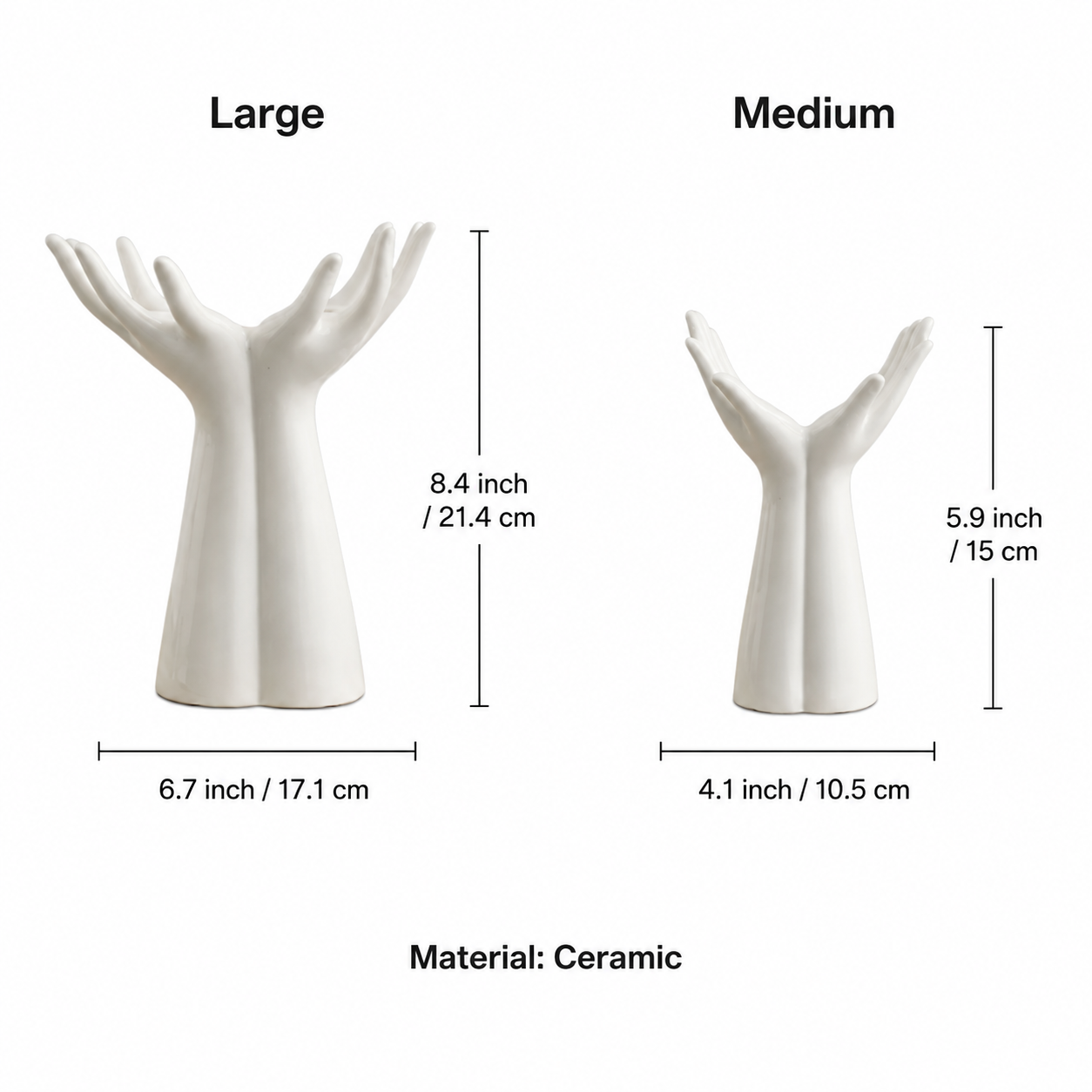 Sculptural ceramic open palm vase size comparison showing large and medium measurements