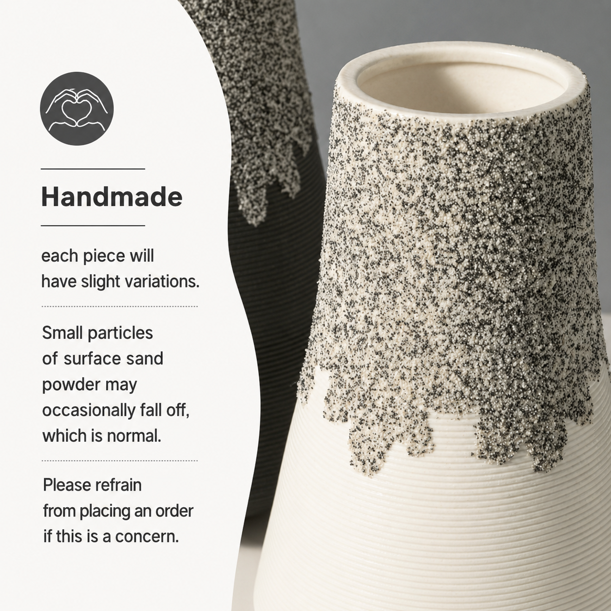 Handmade ceramic vase notice explaining natural variations and textured surface particles
