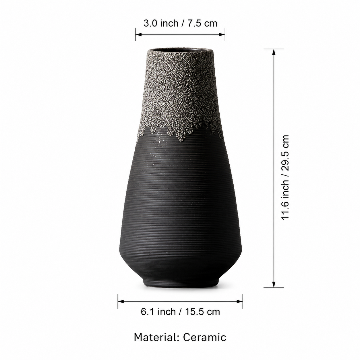 Black textured ceramic vase measurement guide with height width and rim diameter