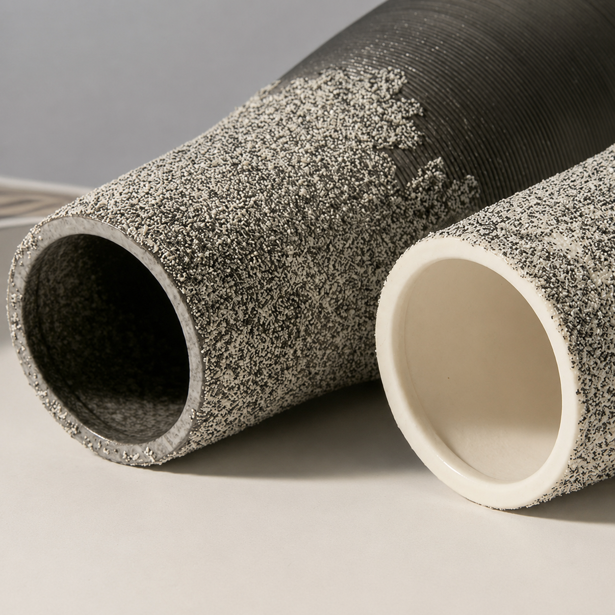 Close view of black and white ceramic vase openings and textured upper finish