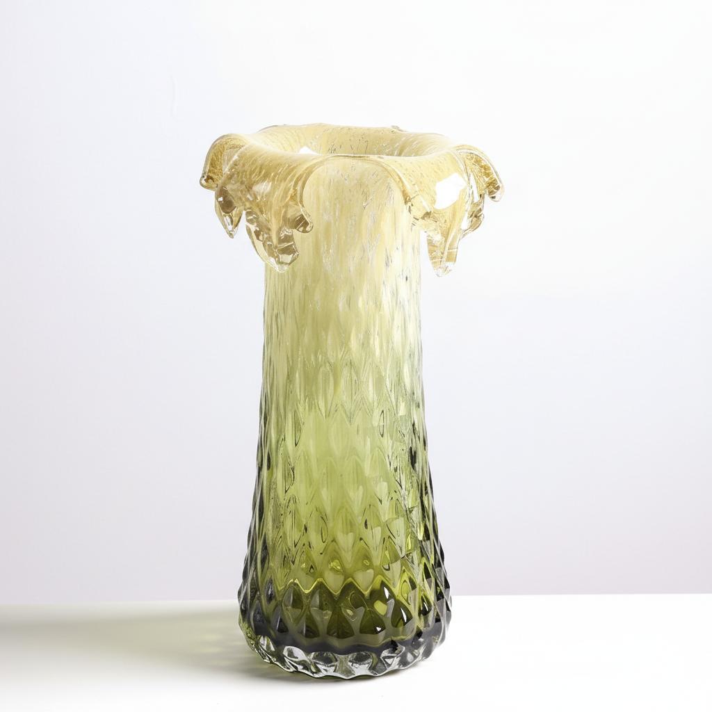 Tall sculptural faceted glass vase with amber green gradient finish