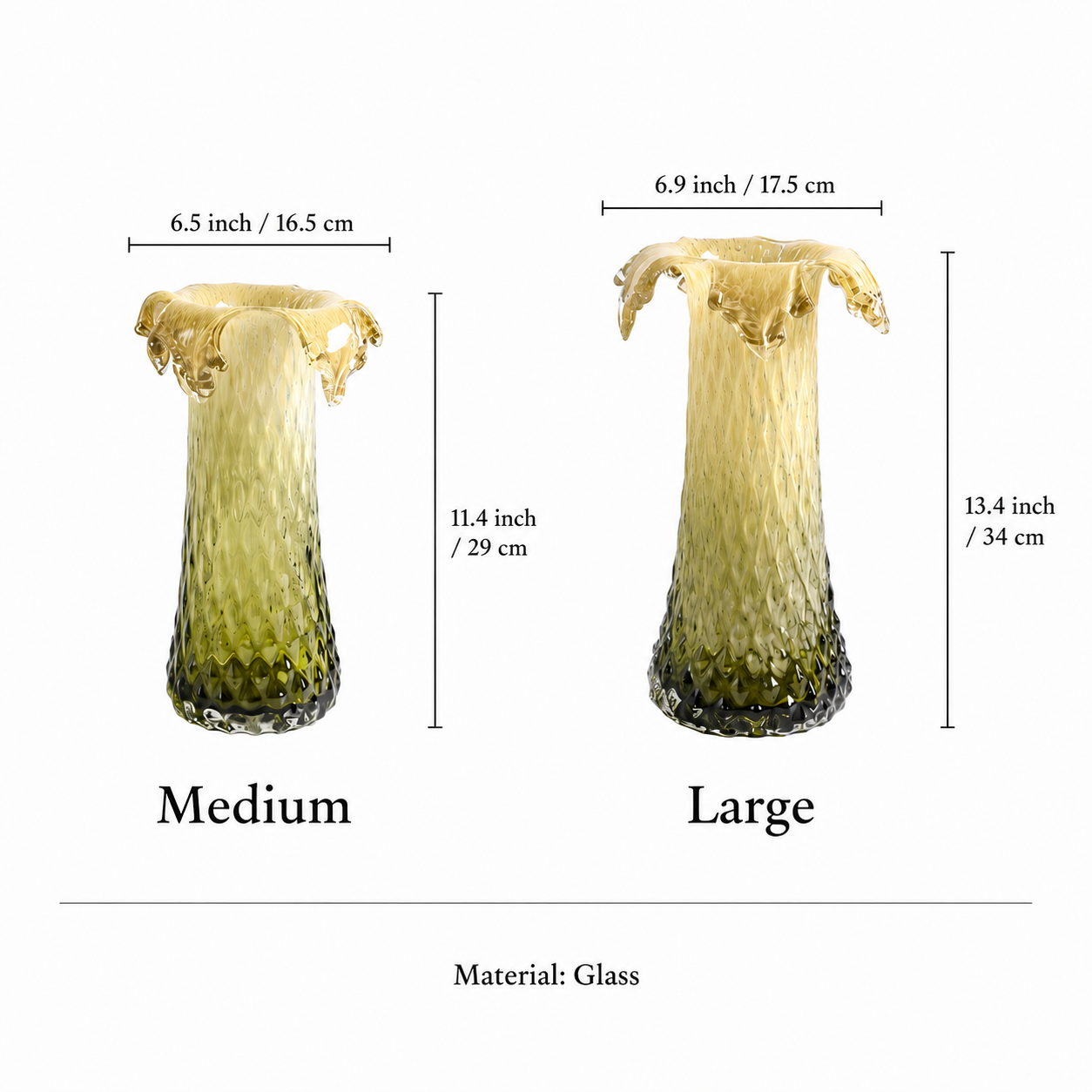 Size guide for Medium and Large sculptural faceted glass vase variants