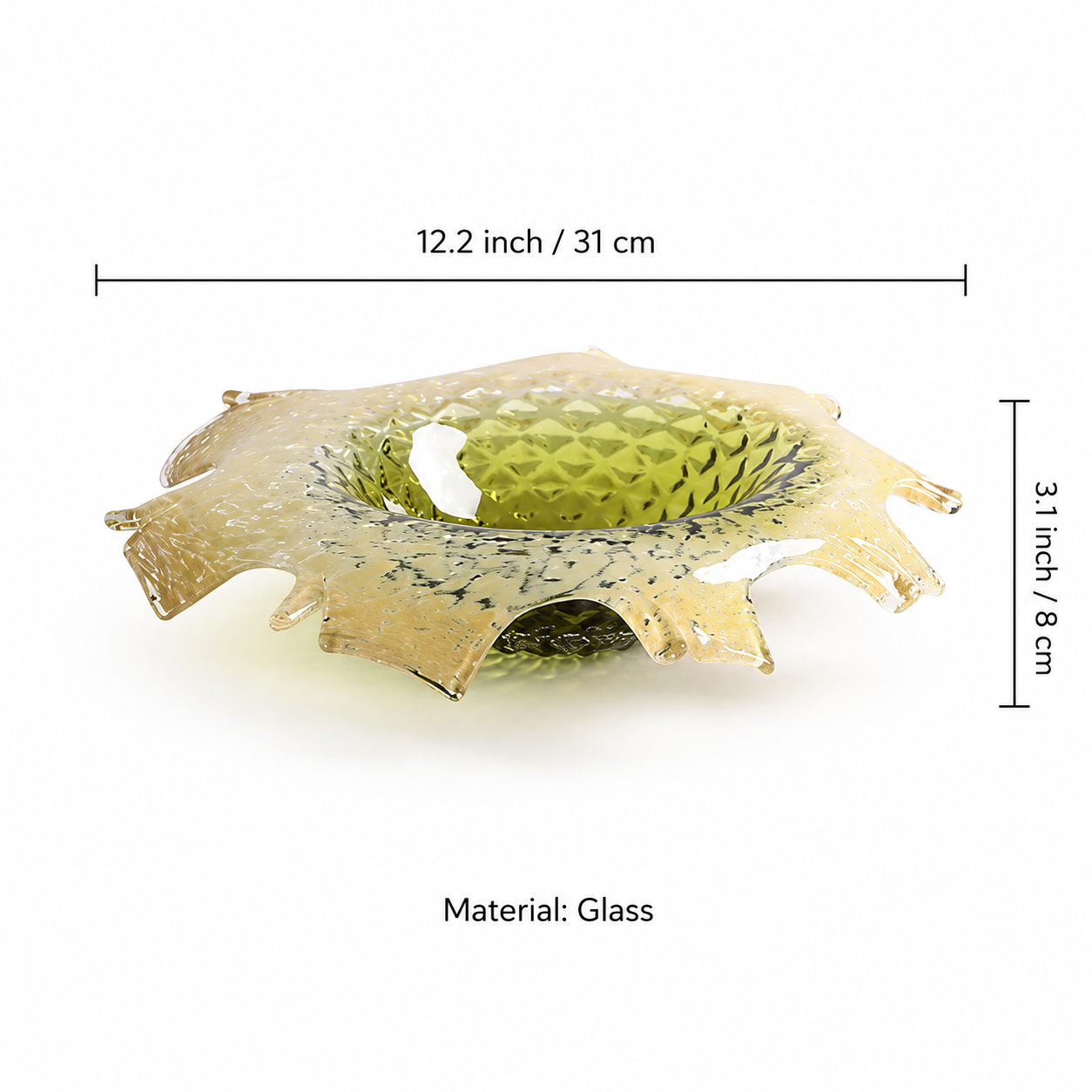 Measurement guide for low sculptural faceted glass centerpiece bowl