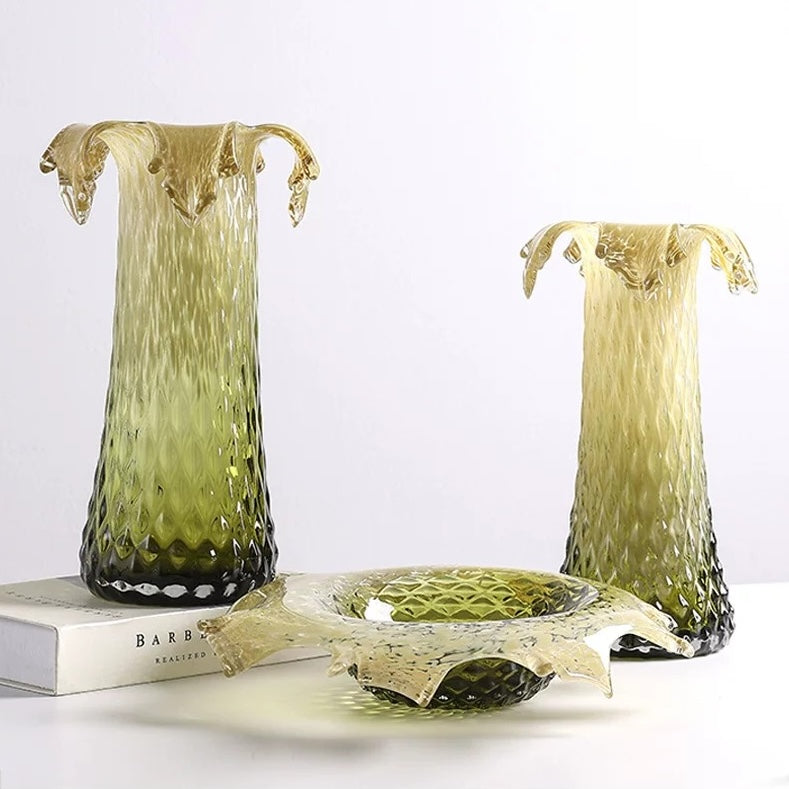 Medium and Large sculptural glass vases displayed with coordinating centerpiece bowl