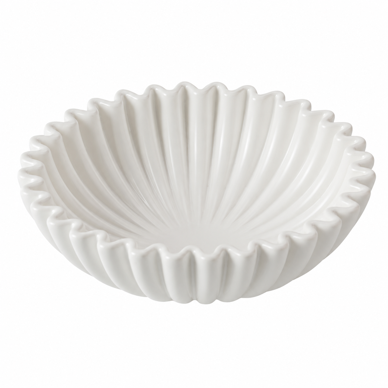 White fluted resin centerpiece bowl on white background