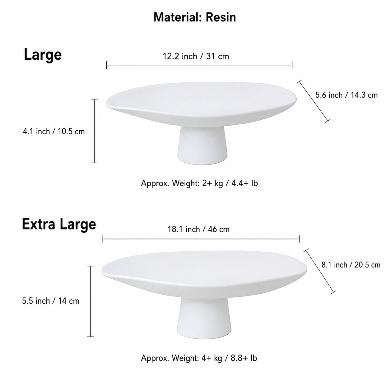 Size guide for Large and Extra Large sculptural resin pedestal centerpiece bowls