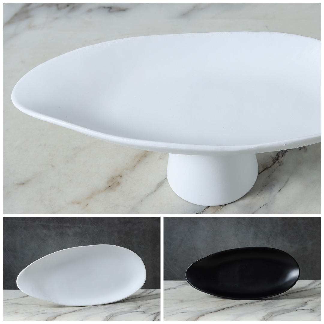 White resin pedestal centerpiece bowl close up with black and white bowl views below