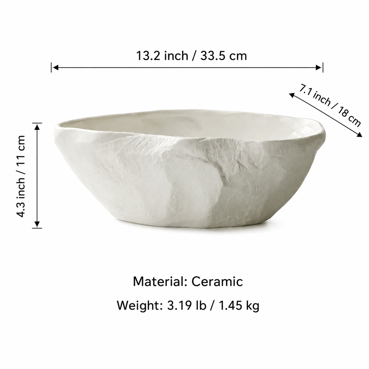 Measurement guide for white textured ceramic centerpiece bowl