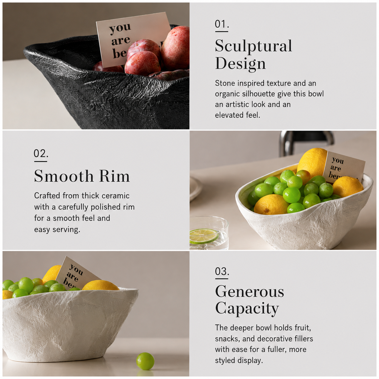 Sculptural textured ceramic centerpiece bowl shown in black and white with close up details highlighting the organic shape smooth rim and generous capacity.
