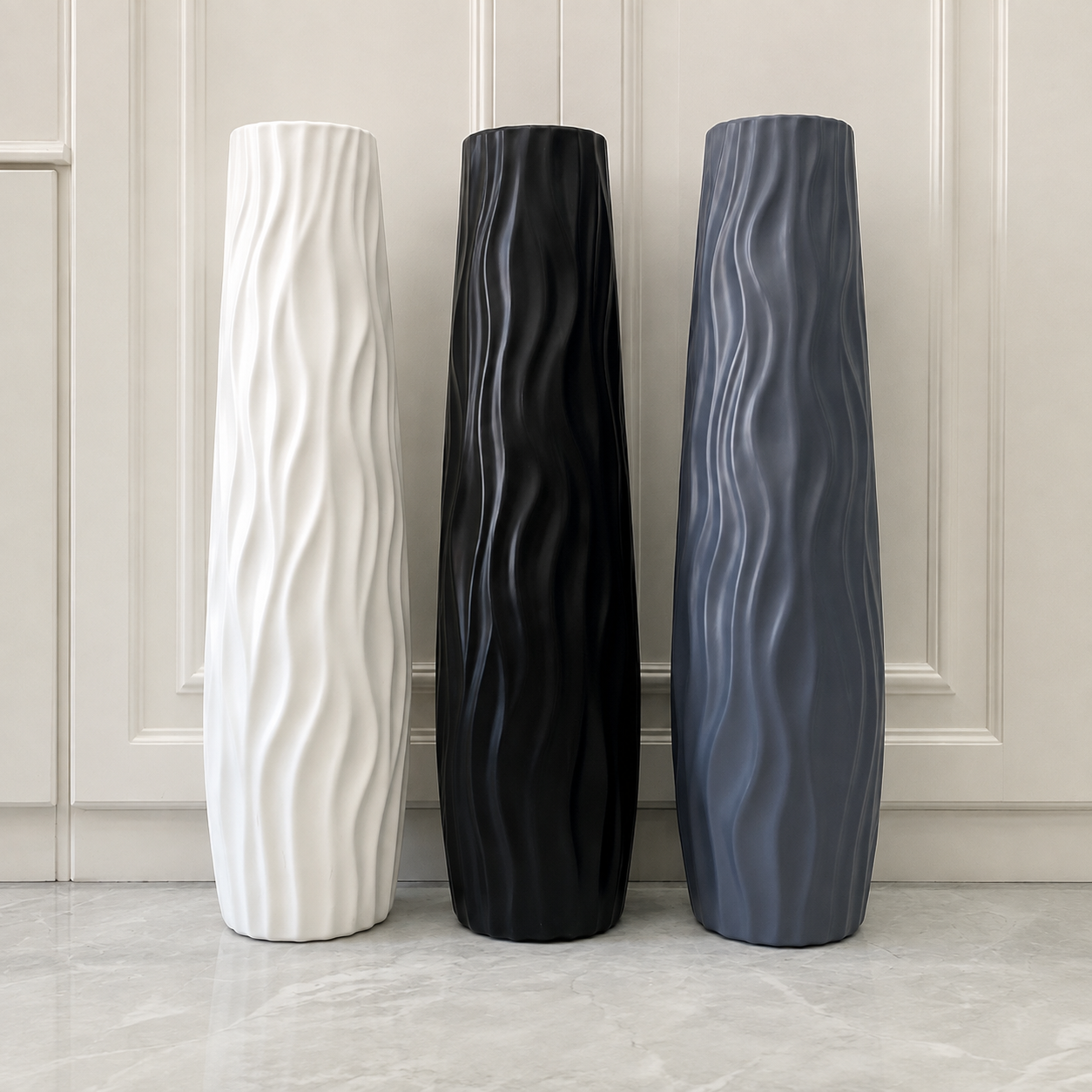 White black and gray textured floor vases shown together for color comparison