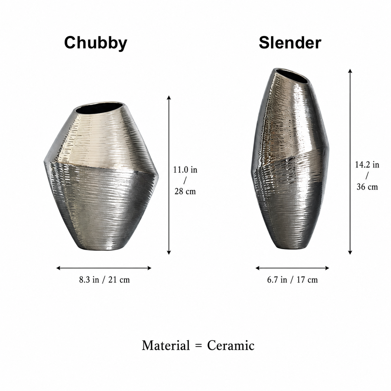 Silver ceramic vase size chart showing chubby and slender styles