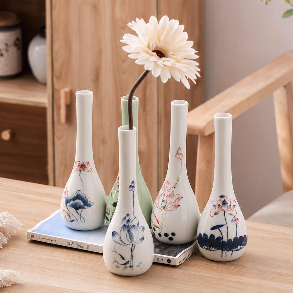 Collection of slim ceramic bud vases in assorted lotus designs arranged together on a tabletop