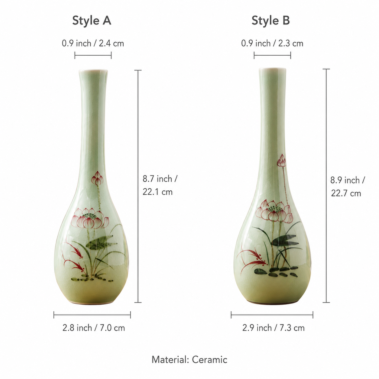 Size comparison chart showing Style A and Style B green ceramic bud vases with dimensions and material details