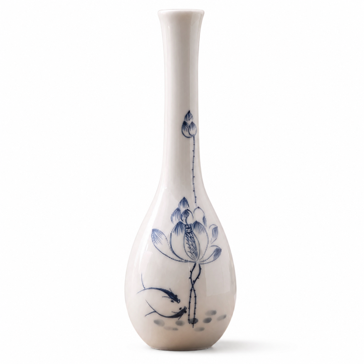 Style A white slim ceramic bud vase with blue lotus motif on a white background