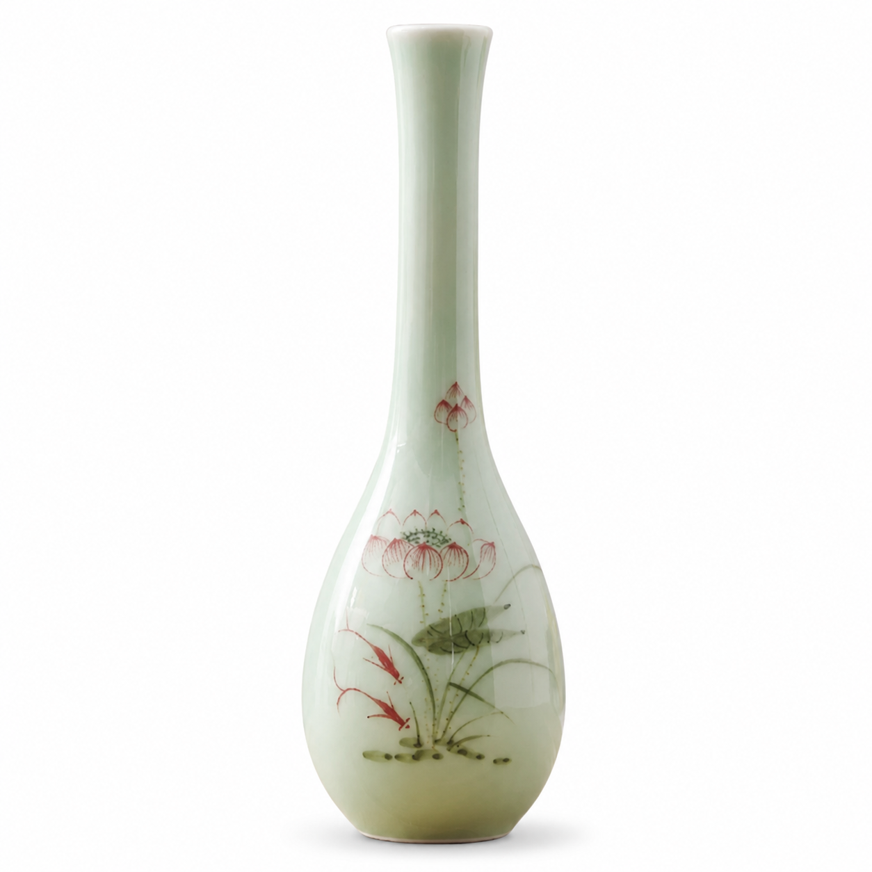Style A celadon green slim ceramic bud vase with lotus and fish motif on a white background