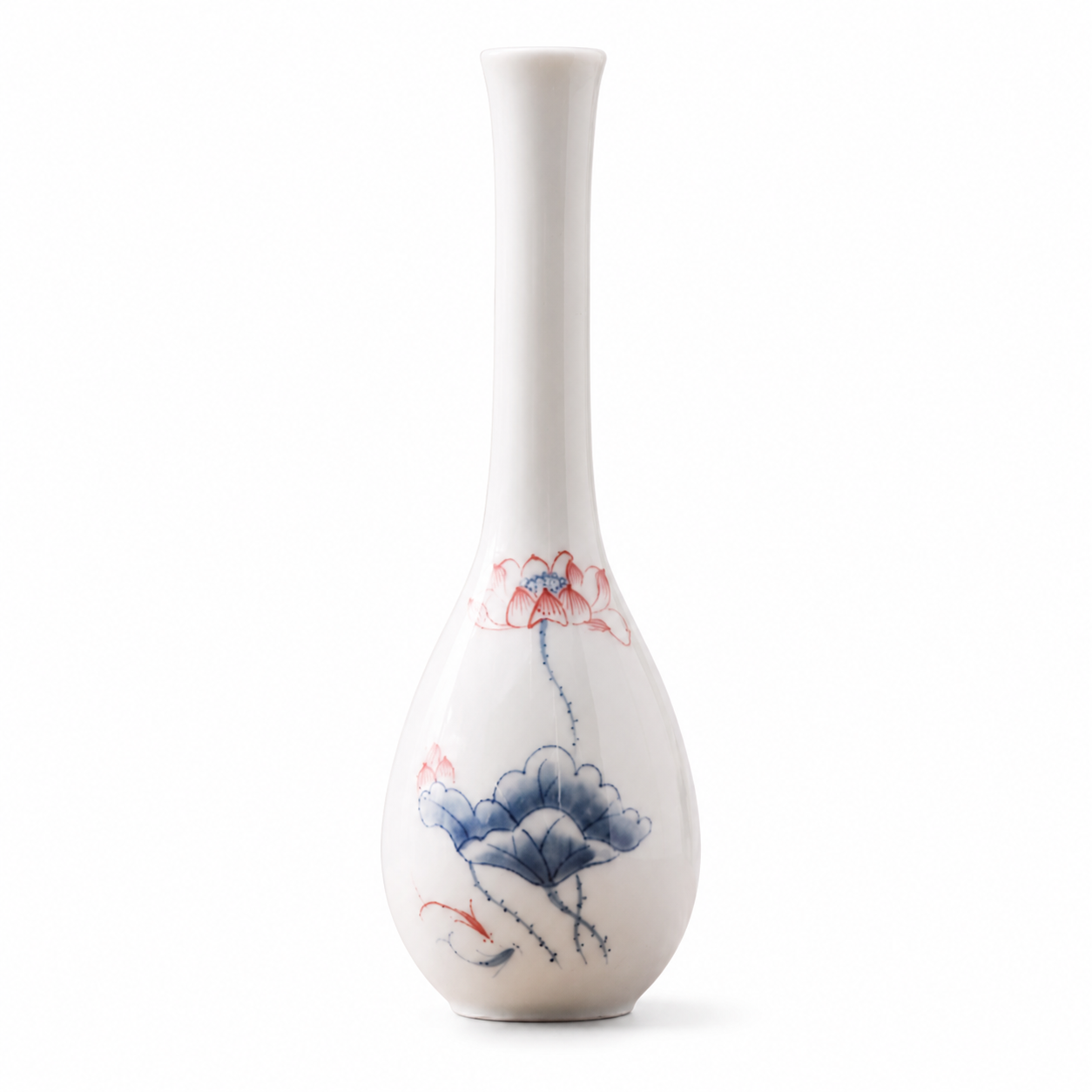 Style A white slim ceramic bud vase with blue and red lotus motif on a white background