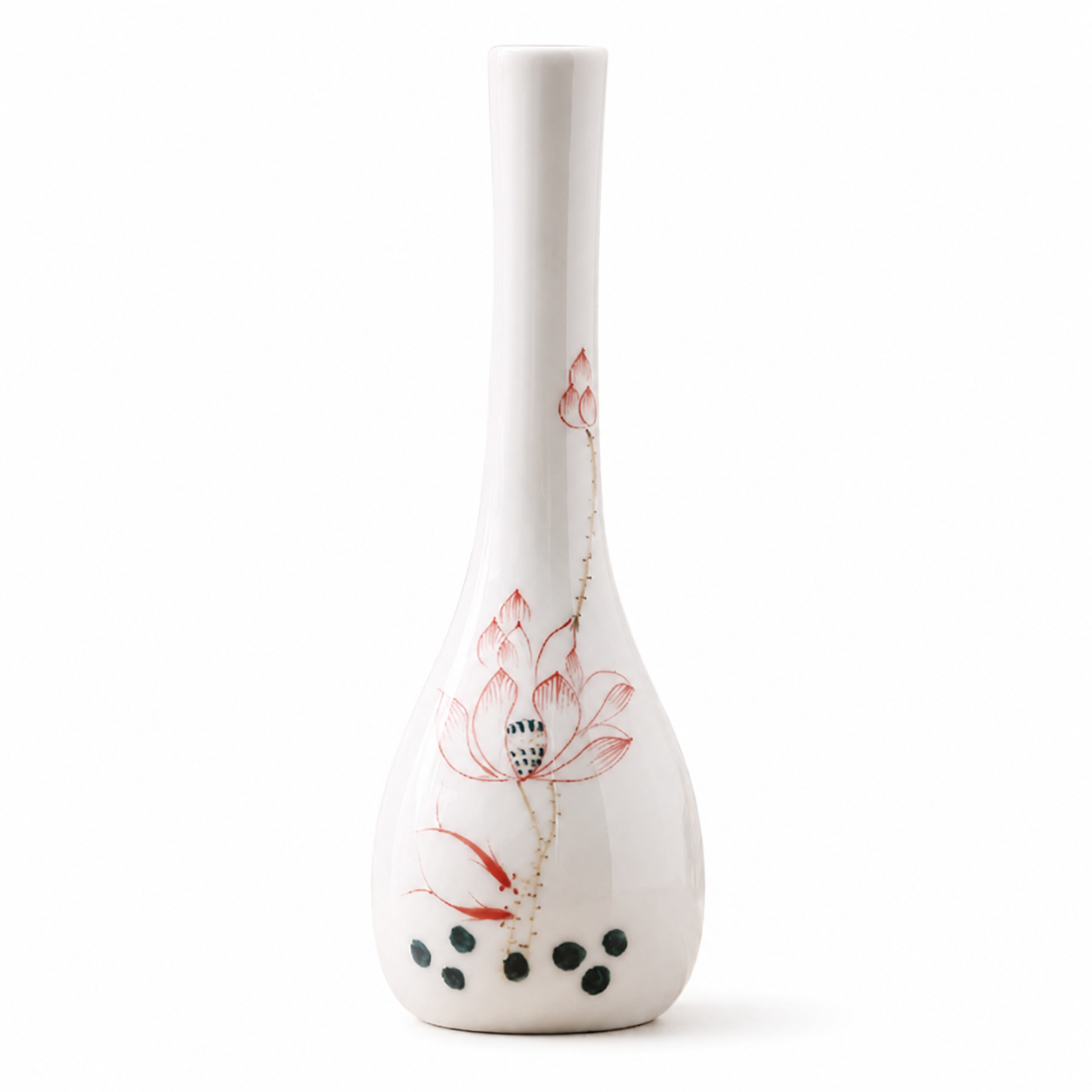 Style B white slim ceramic bud vase with red lotus and fish motif on a white background