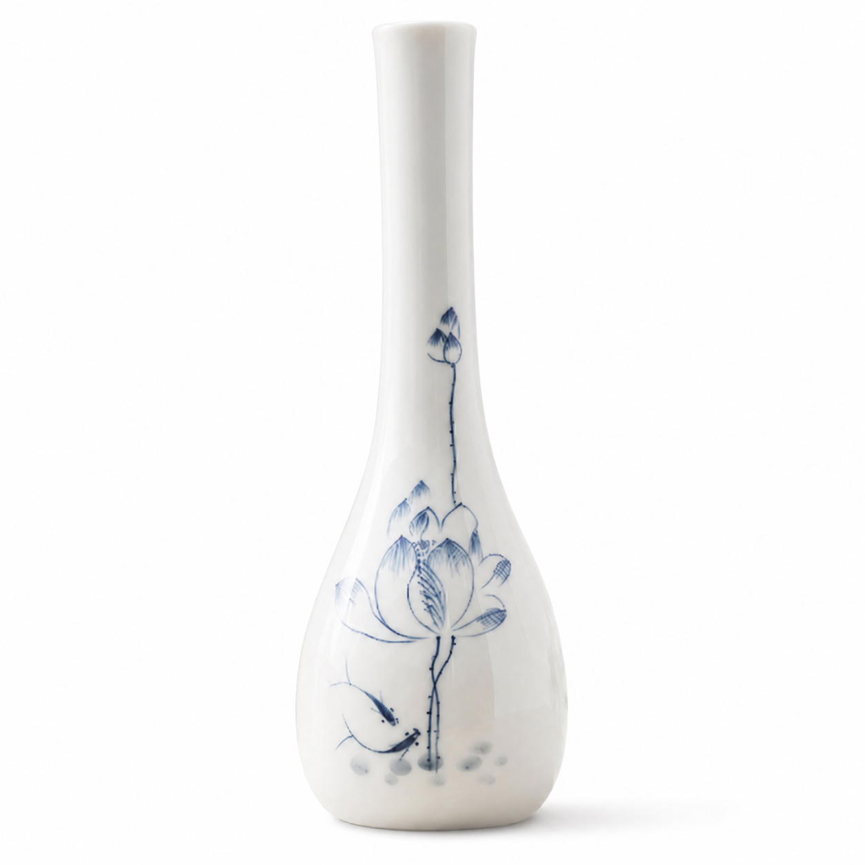 Style B white slim ceramic bud vase with blue lotus motif on a white background